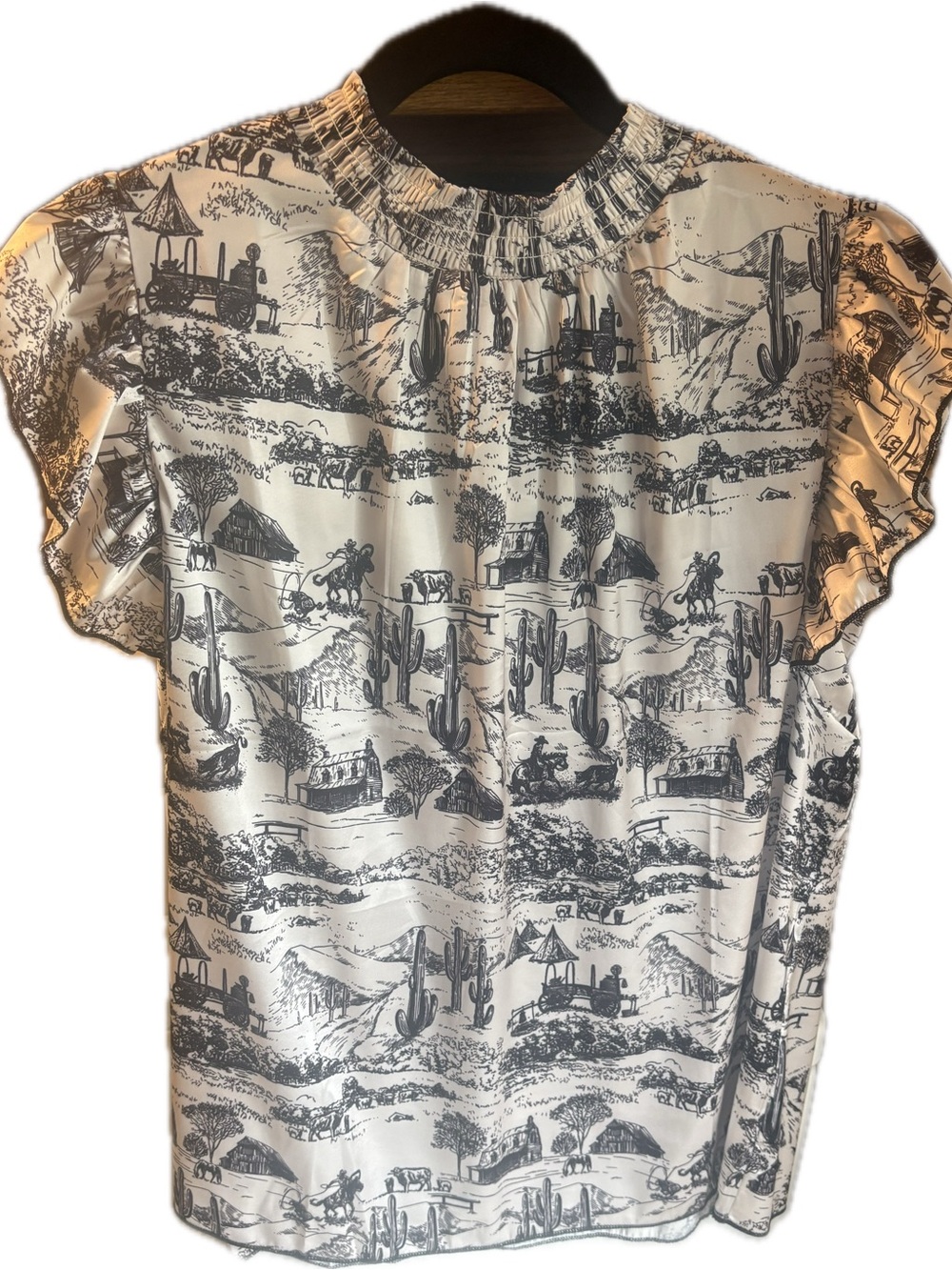 Sterling Kreek Short-Sleeve Smocked-Neck Top w/Scenic Print NWT